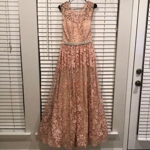 Elegant Lace Prom Dress with Beaded Waist in Blush